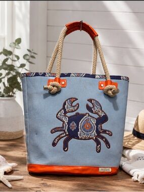 Spartina 449 Blue and Orange beach Tote Bag with Crab Design